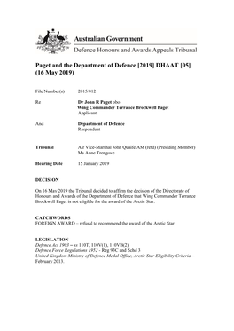 Paget and the Department of Defence [2019] DHAAT [05] (16 May 2019)
