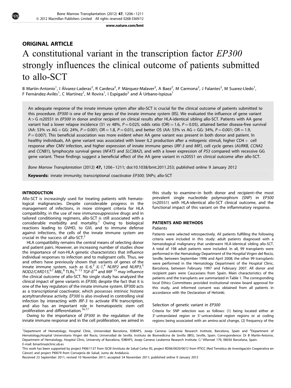 A Constitutional Variant in the Transcription Factor EP300 Strongly Influences the Clinical Outcome of Patients Submitted to Allo-SCT