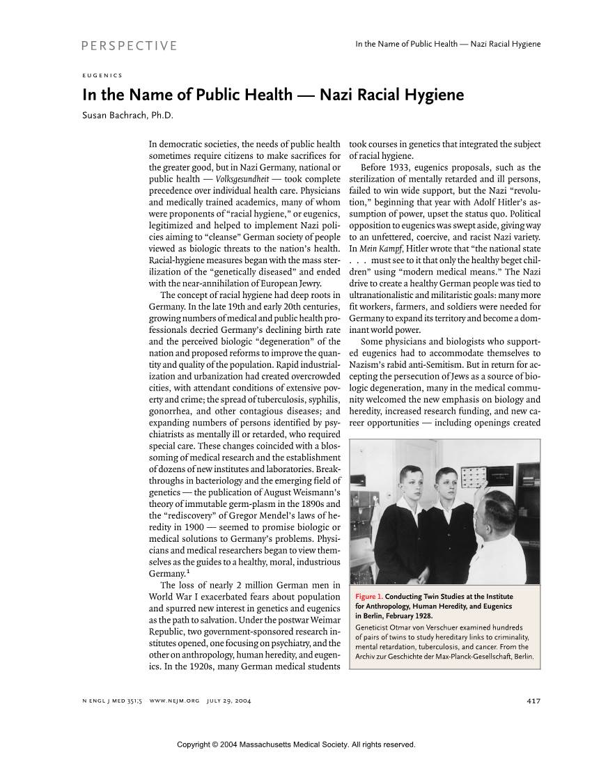 In the Name of Public Health — Nazi Racial Hygiene Eugenics in the Name of Public Health — Nazi Racial Hygiene Susan Bachrach, Ph.D