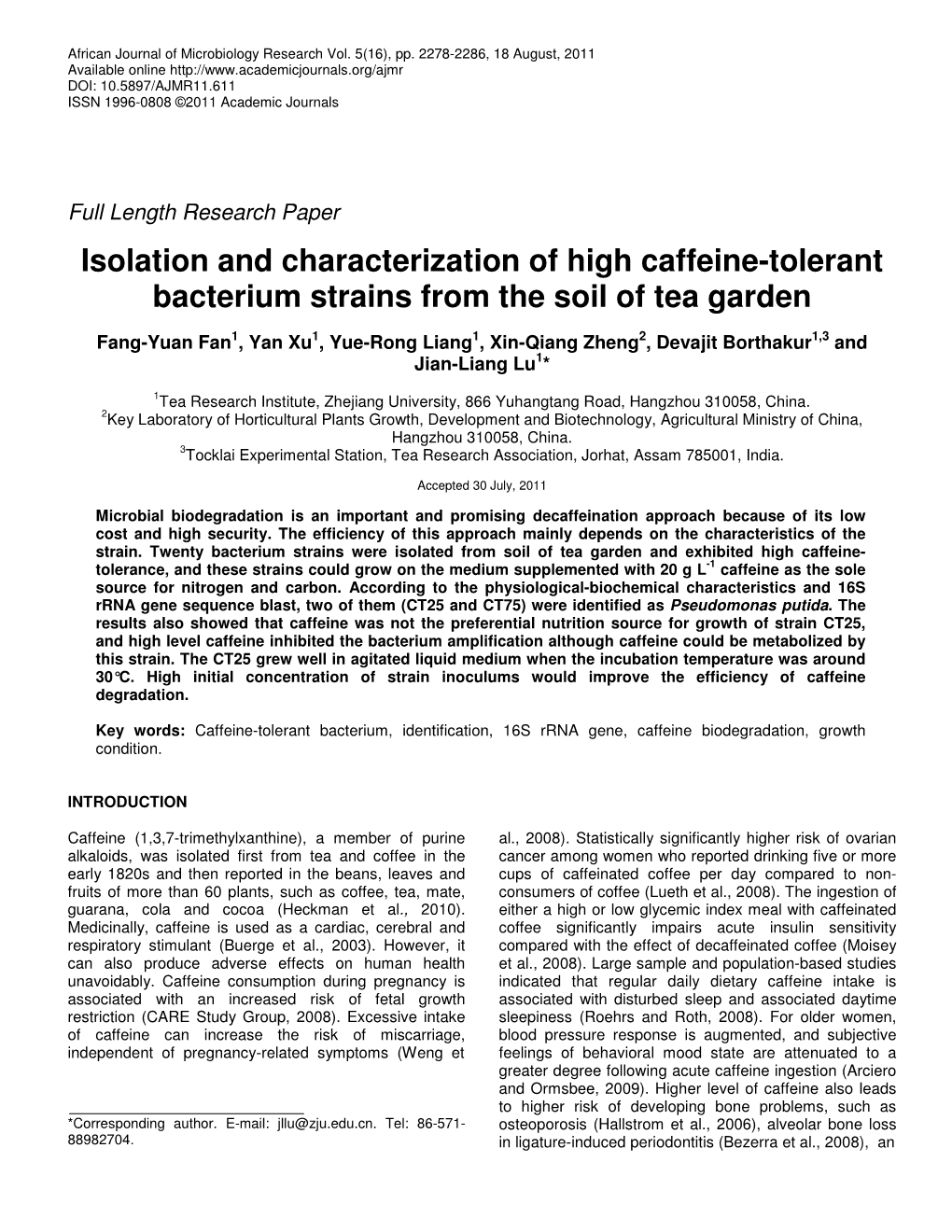 Isolation and Characterization of High Caffeine-Tolerant Bacterium Strains from the Soil of Tea Garden