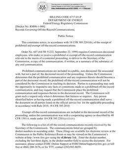 BILLING CODE 6717-01-P DEPARTMENT of ENERGY Federal Energy Regulatory Commission [Docket No