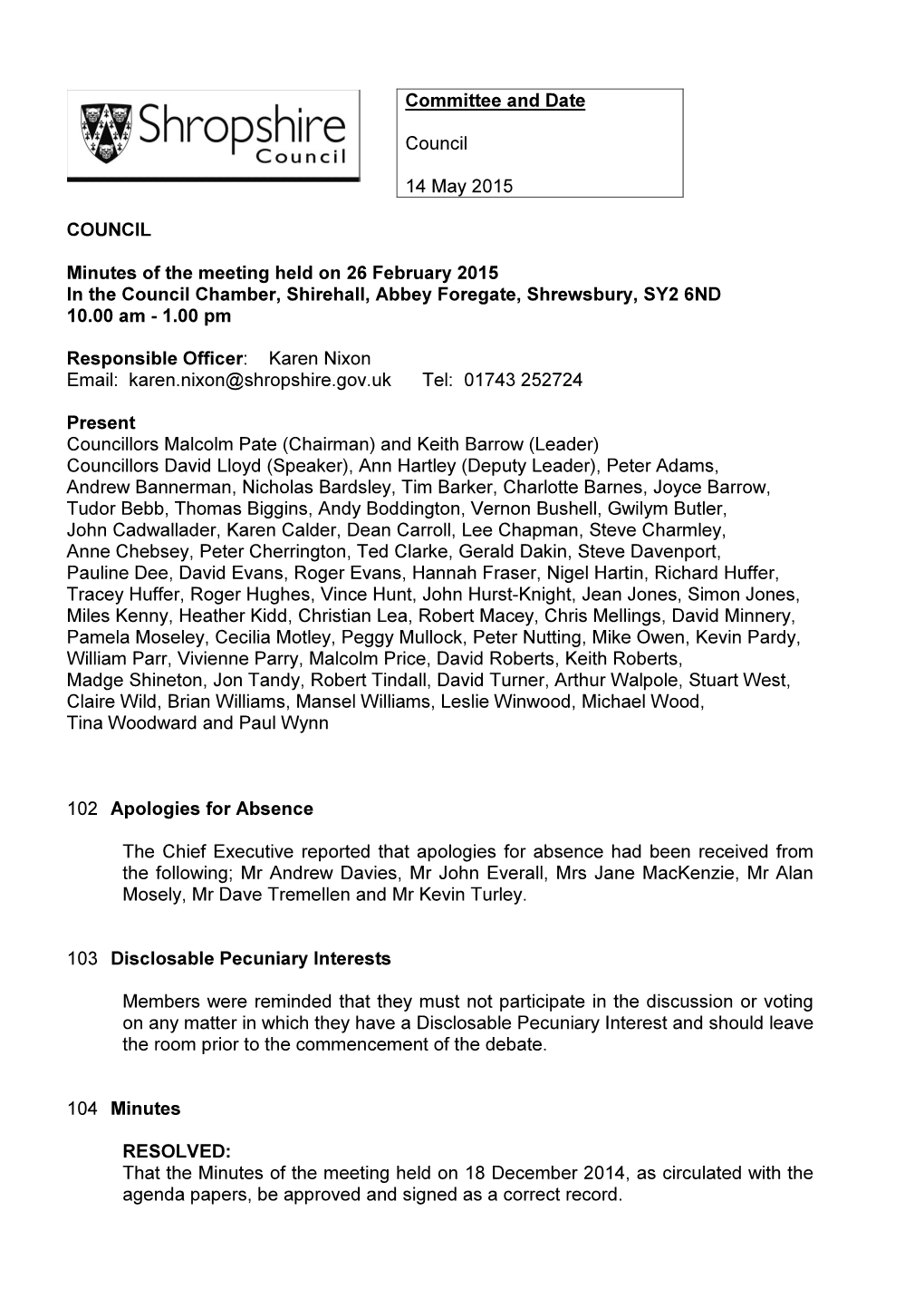 Committee and Date Council 14 May 2015 COUNCIL Minutes of The