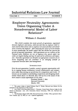 Employer Neutrality Agreements: Union Organizing Under a Nonadversarial Model of Labor Relations*