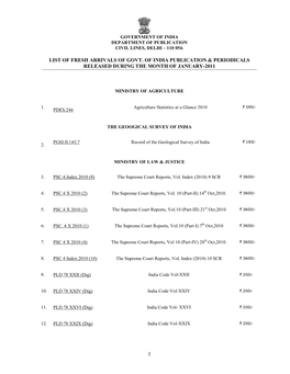 List of Fresh Arrivals of Govt. of India Publication & Periodicals Released During the Month of January-2011