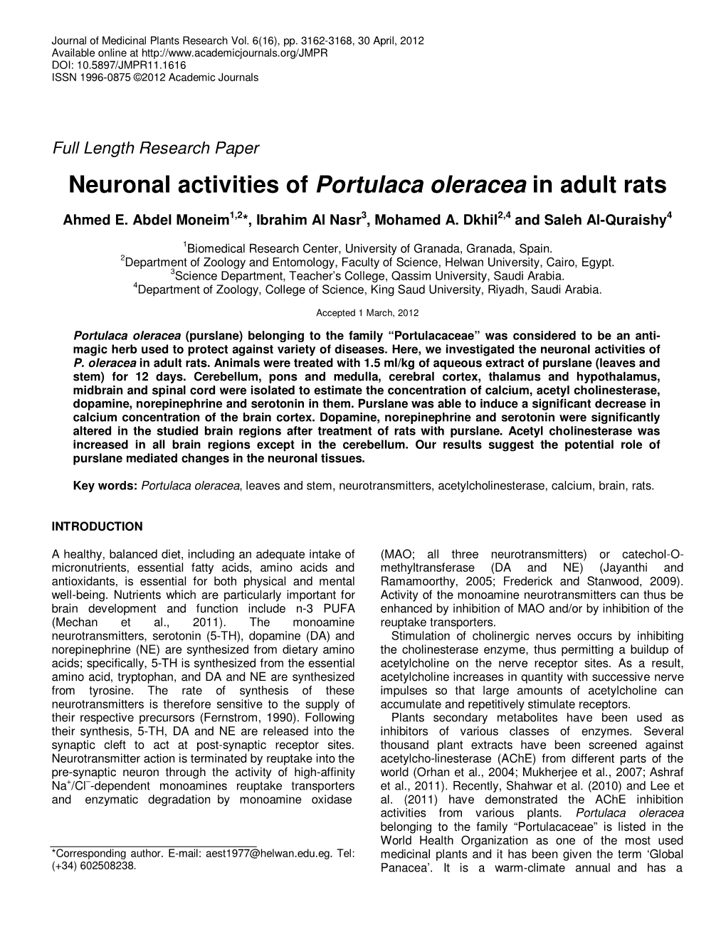 Neuronal Activities of Portulaca Oleracea in Adult Rats