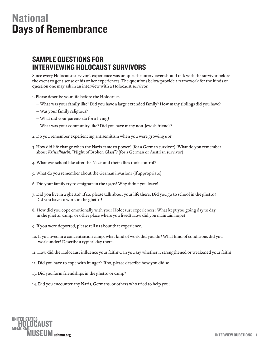 Sample Questions for Interviewing Holocaust Survivors (PDF)