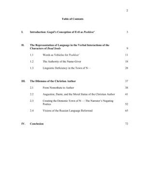 2 Table of Contents I. Introduction: Gogol's Conception of Evil As Poshlost' 3 II. the Representation of Language in the Ve
