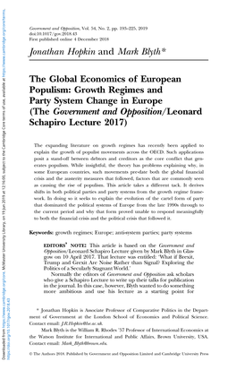 Jonathan Hopkin and Mark Blyth* the Global Economics of European Populism: Growth Regimes and Party System Change in Europe (The