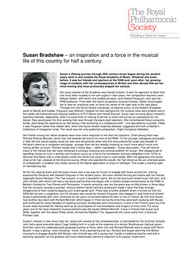 Susan Bradshaw – an Inspiration and a Force in the Musical Life of This Country for Half a Century