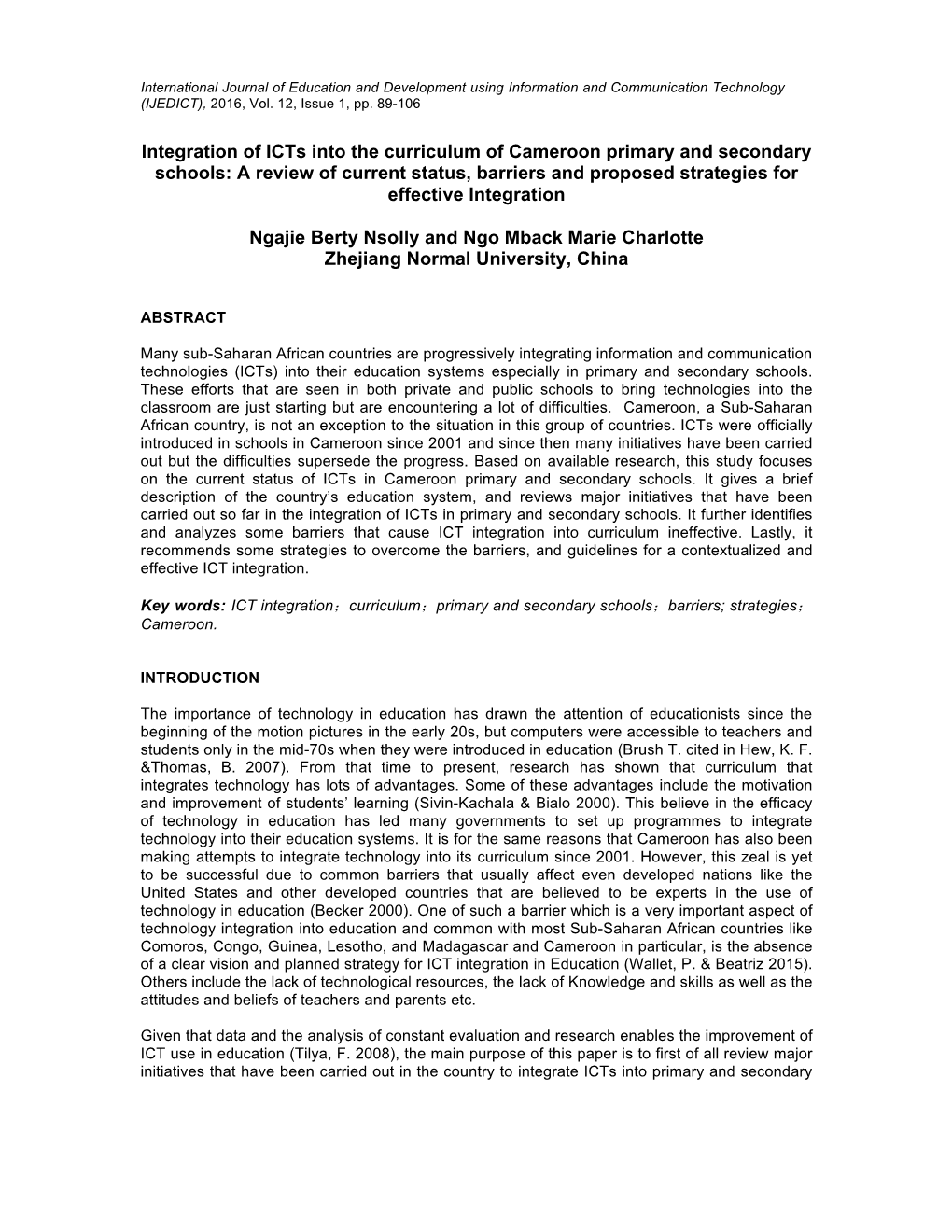 Integration of Icts Into the Curriculum of Cameroon Primary and Secondary Schools