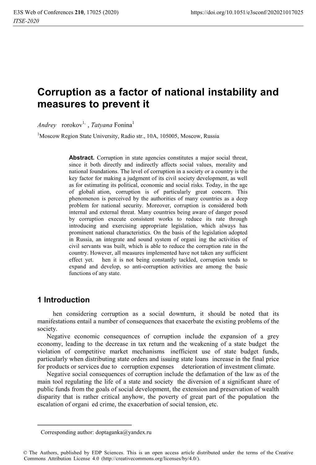 Corruption As a Factor of National Instability and Measures to Prevent It