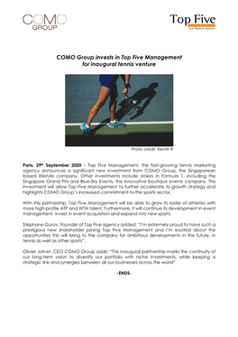 COMO Group Invests in Top Five Management for Inaugural Tennis Venture