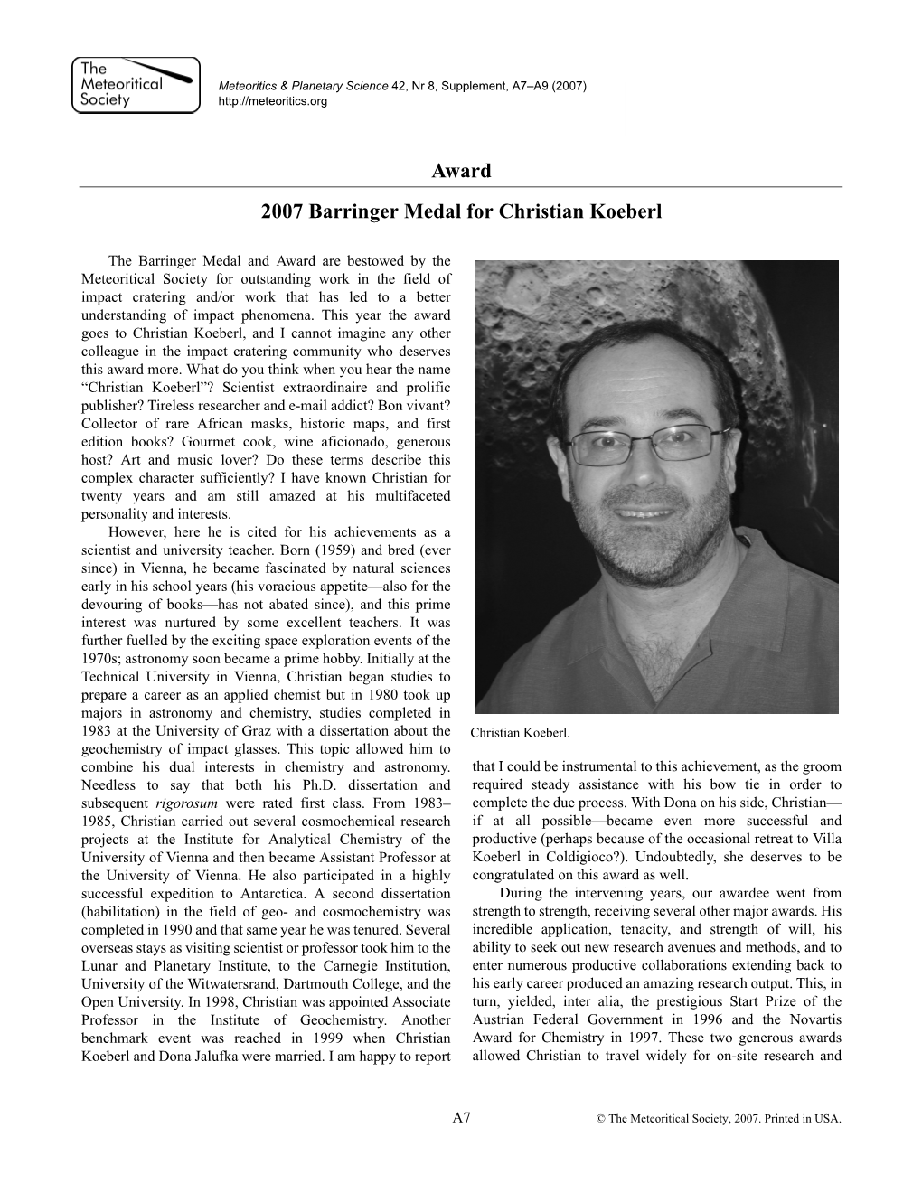 Award 2007 Barringer Medal for Christian Koeberl