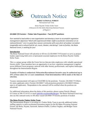 Outreach Notice BOISE NATIONAL FOREST Permanent Full-Time Boise-Payette Timber Strike Team a Resource for the Idaho-Wyoming National Forests of Region 4