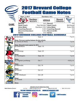 2017 Brevard College Football Game Notes Sept