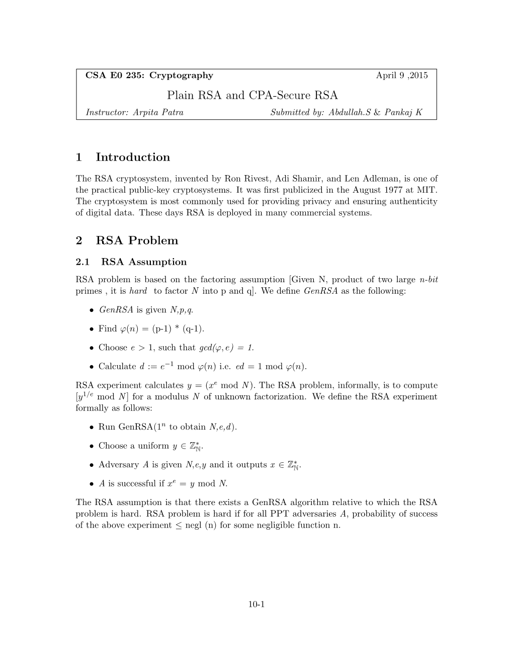 Plain RSA and CPA-Secure RSA 1 Introduction 2 RSA Problem