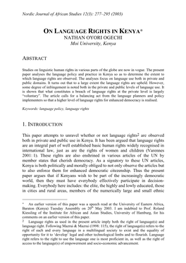 ON LANGUAGE RIGHTS in KENYA∗ NATHAN OYORI OGECHI Moi University, Kenya