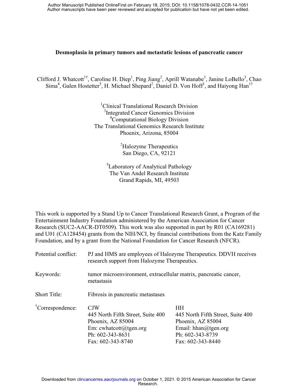 Desmoplasia in primary tumors and metastatic lesions of pancreatic