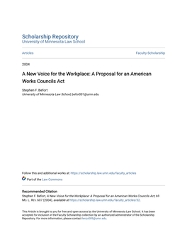 A New Voice for the Workplace: a Proposal for an American Works Councils Act