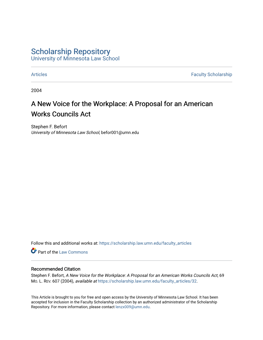 A New Voice for the Workplace: a Proposal for an American Works Councils Act
