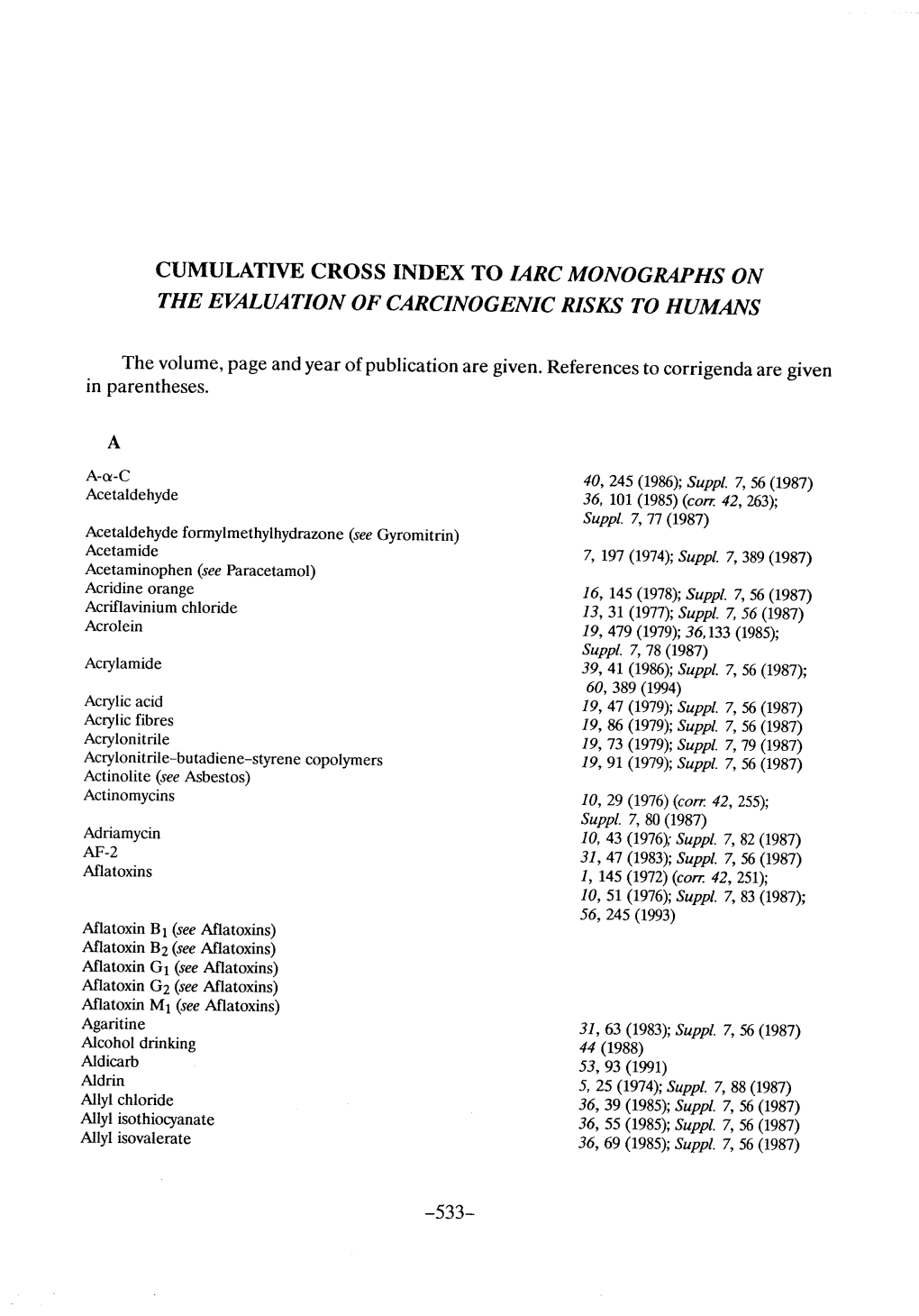Cumulative Cross Index to IARC Monographs