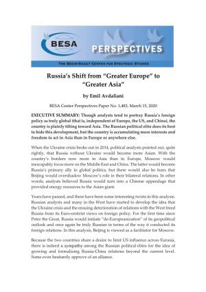 Russia's Shift from “Greater Europe” to “Greater Asia”
