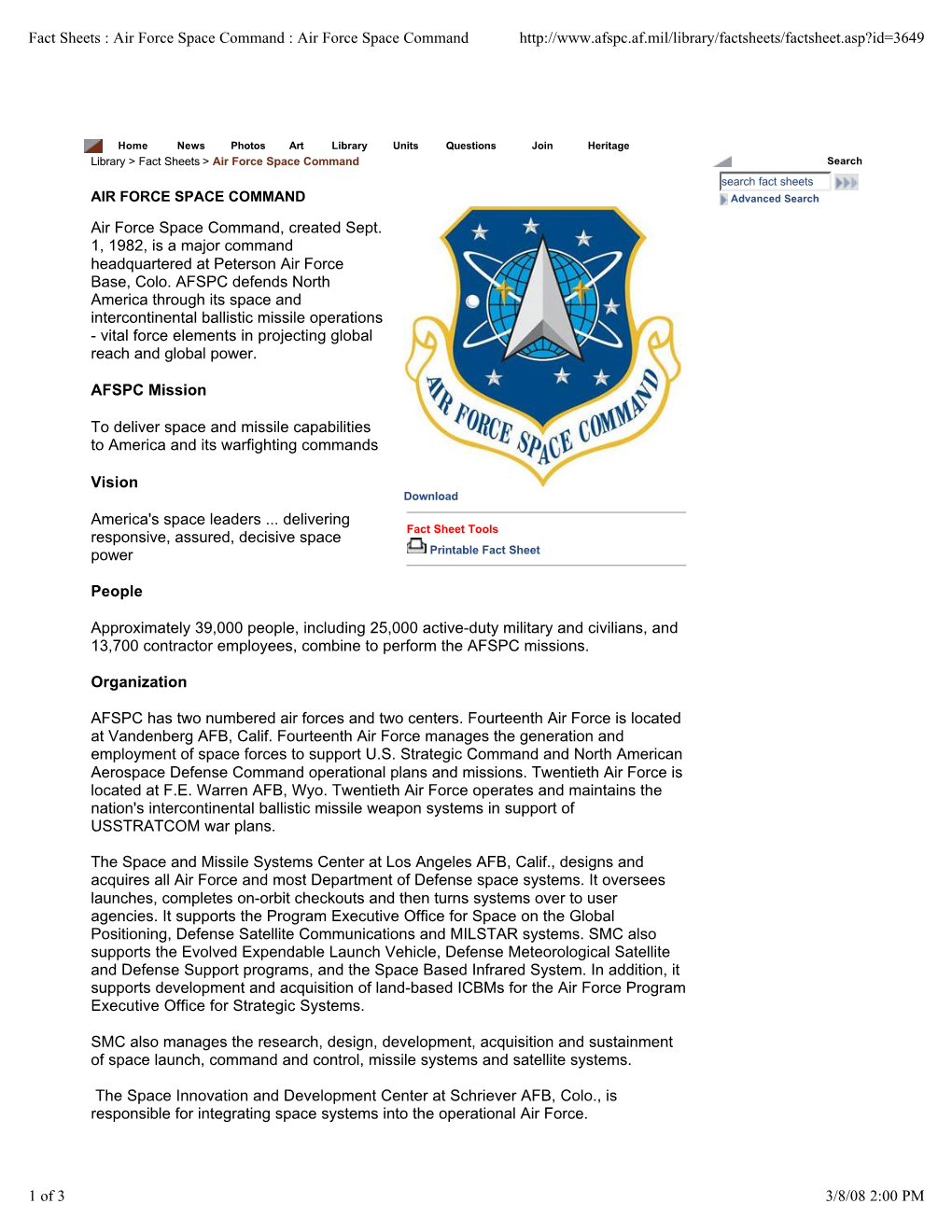 Fact Sheets : Air Force Space Command : Air Force Space Command