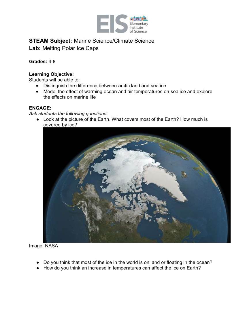 STEAM Subject: Marine Science/Climate Science Lab: Melting Polar Ice Caps
