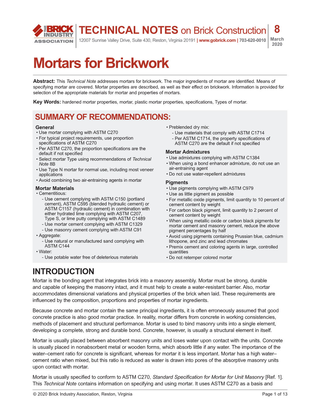 Mortars for Brickwork