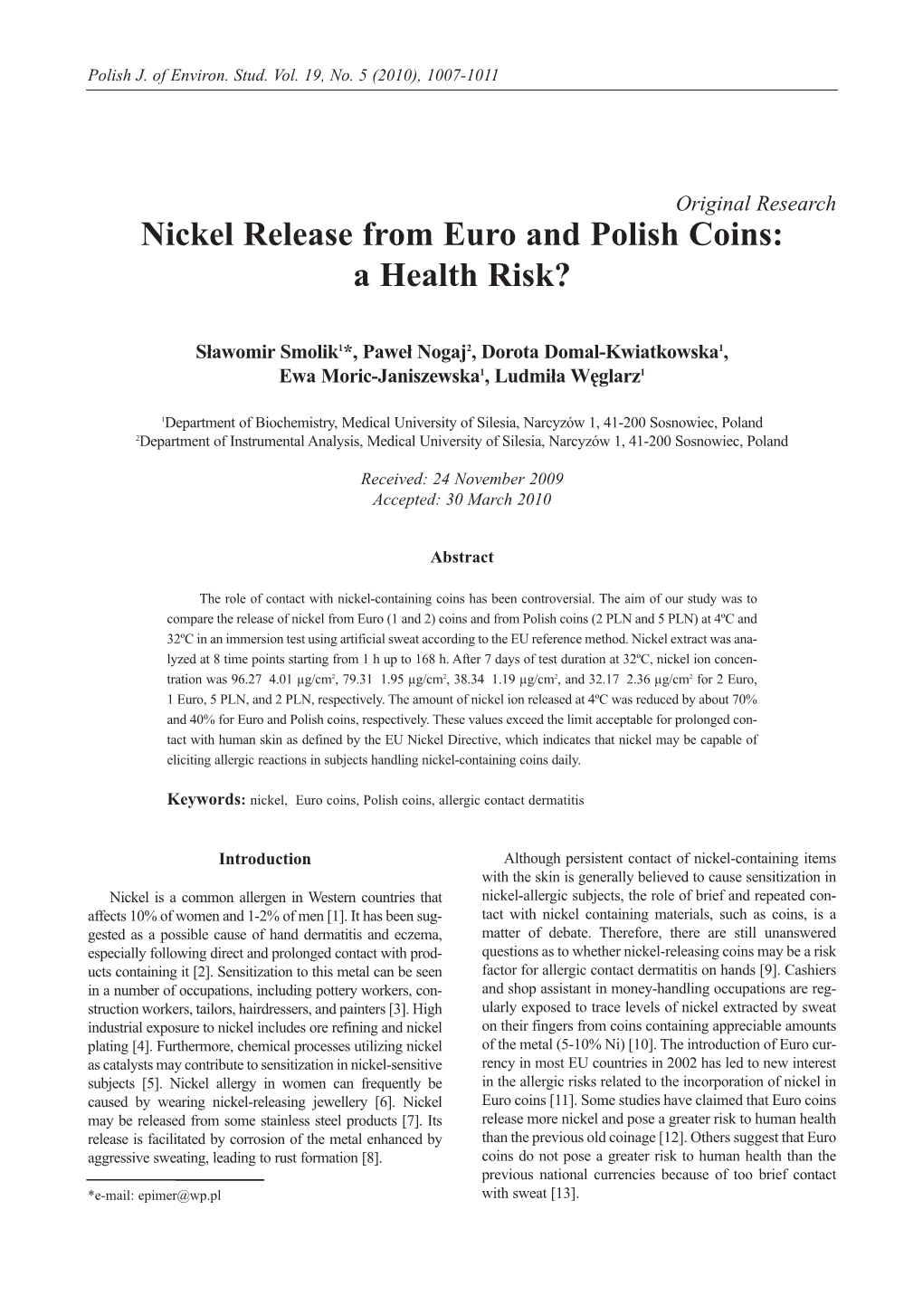 Nickel Release from Euro and Polish Coins: a Health Risk?