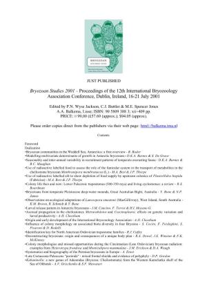 Bryozoan Studies 2001 - Proceedings of the 12Th International Bryozoology Association Conference, Dublin, Ireland, 16-21 July 2001