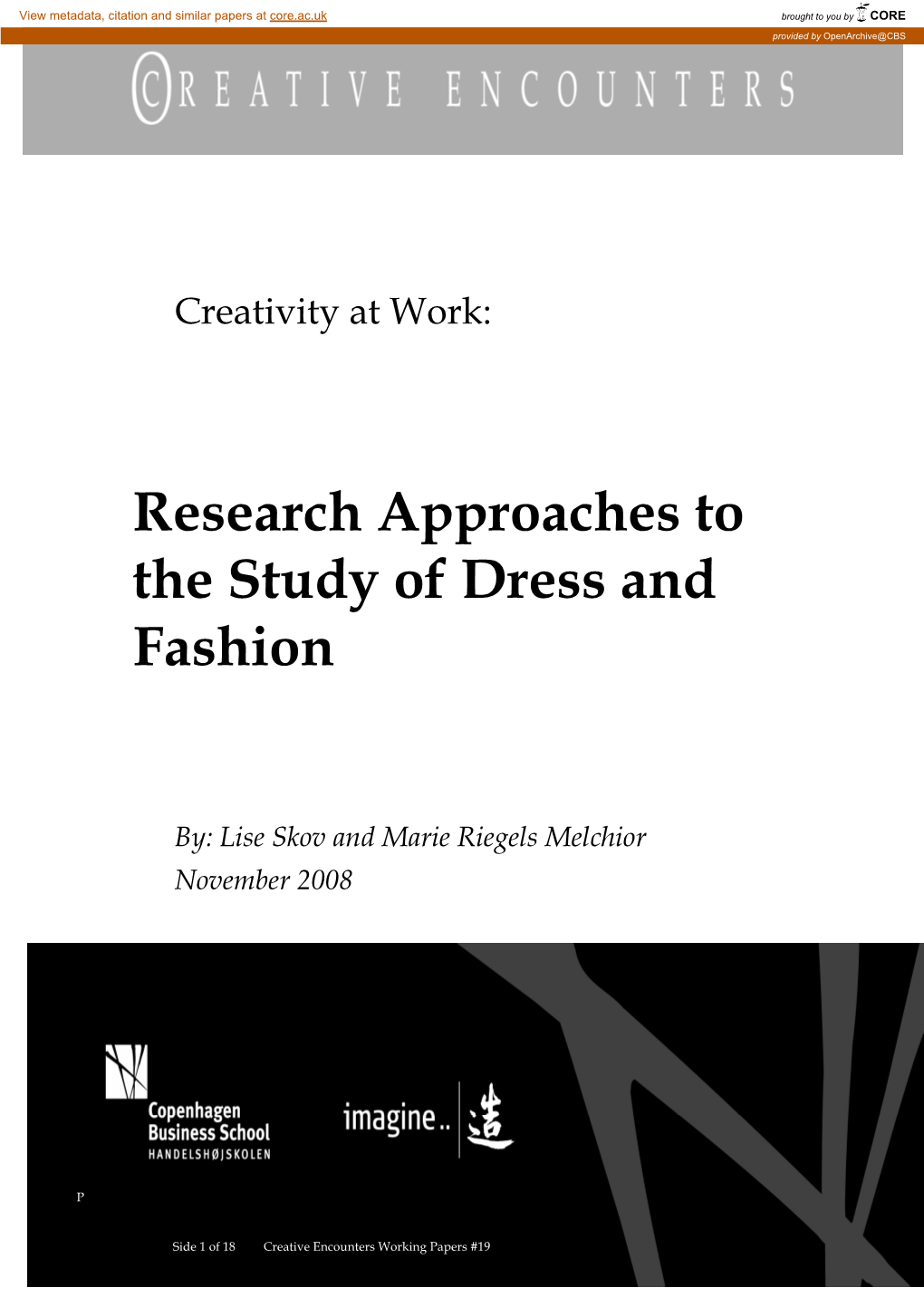 Research Approaches to the Study of Dress and Fashion