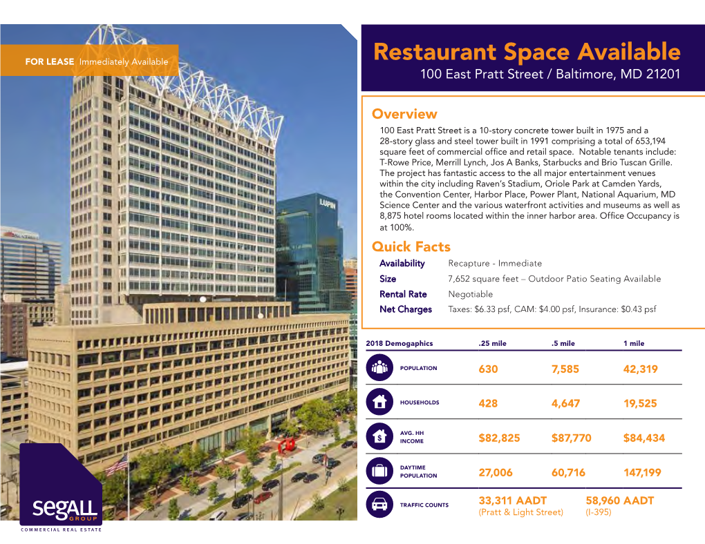 Restaurant Space Available 100 East Pratt Street / Baltimore, MD 21201