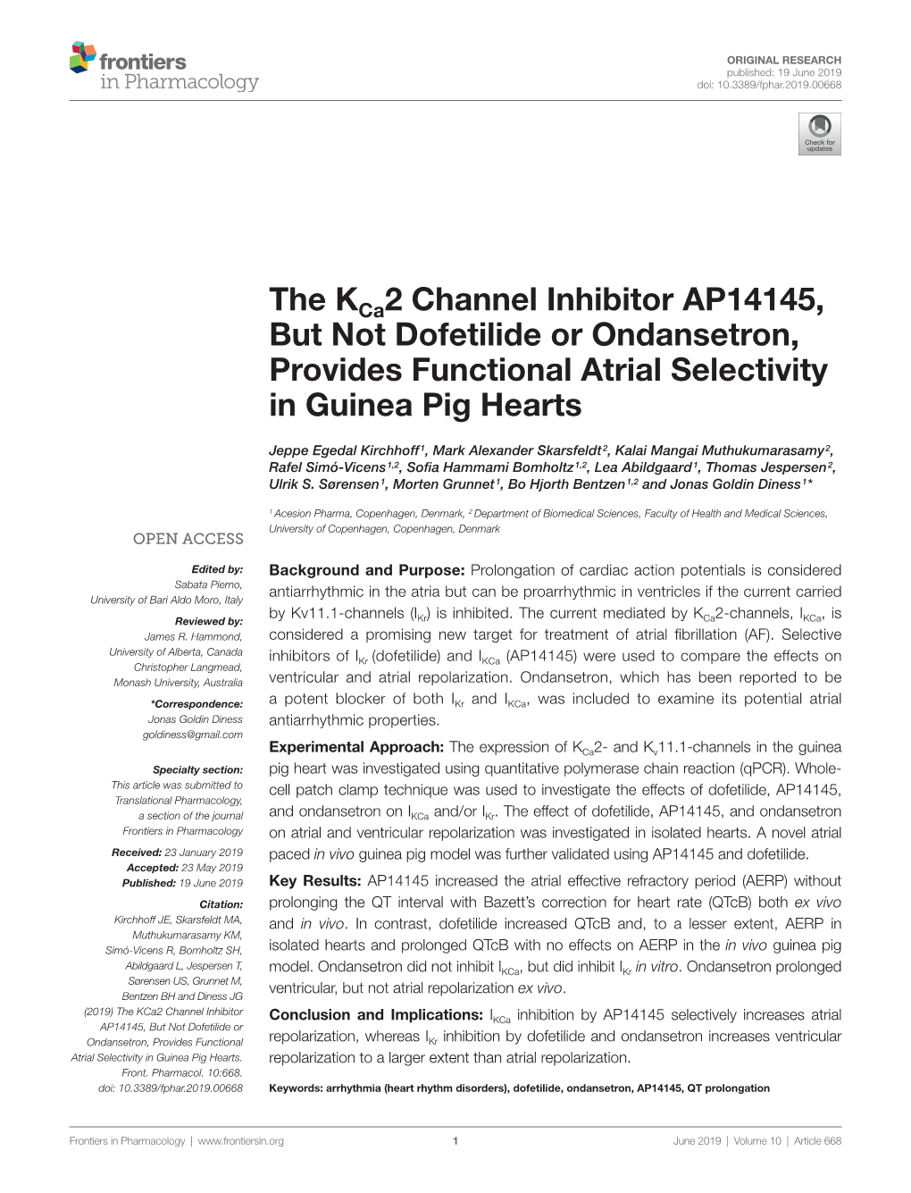 The Kca2 Channel Inhibitor AP14145, but Not Dofetilide Or Ondansetron, Provides Functional Atrial Selectivity in Guinea Pig Hearts