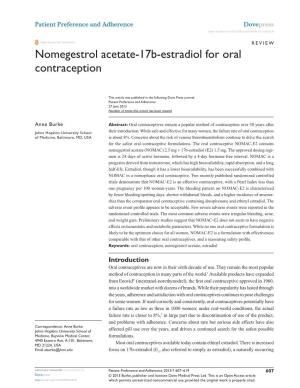 Nomegestrol Acetate-17B-Estradiol for Oral Contraception