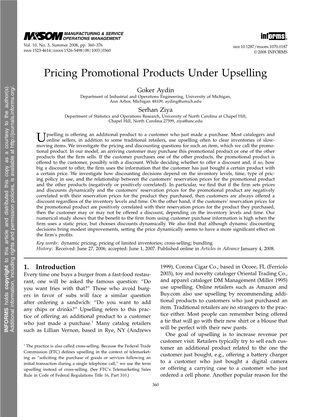 Pricing Promotional Products Under Upselling