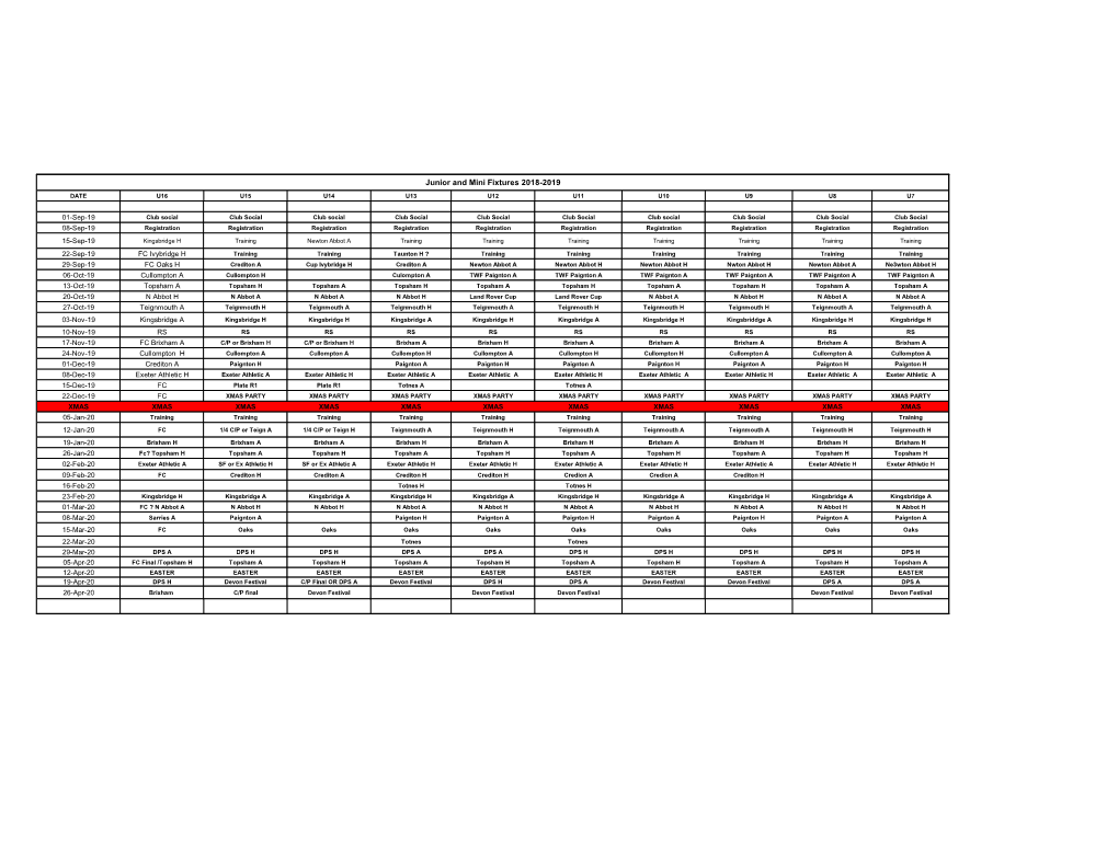 Junior and Mini Fixtures 2018-2019