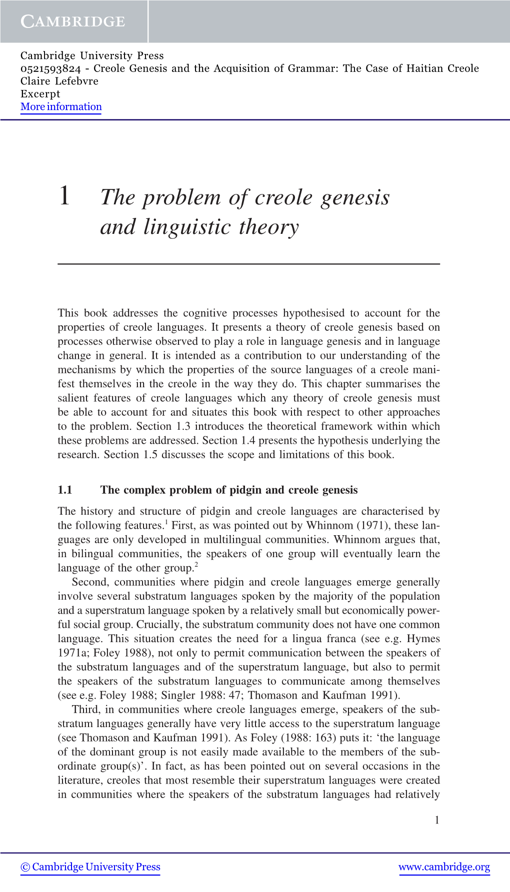 1 the Problem of Creole Genesis and Linguistic Theory
