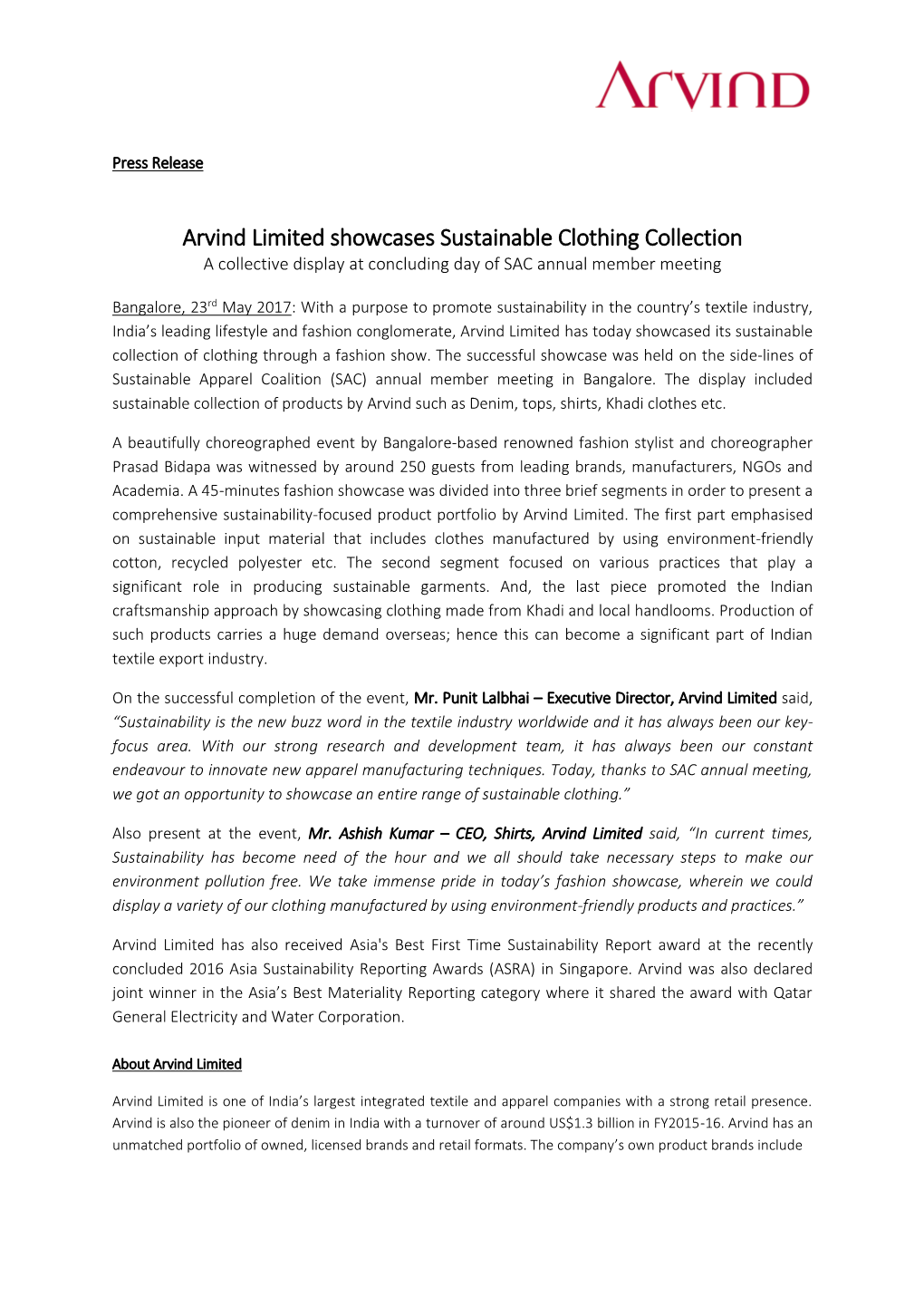 Arvind Limited Showcases Sustainable Clothing Collection a Collective Display at Concluding Day of SAC Annual Member Meeting