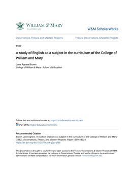 A Study of English As a Subject in the Curriculum of the College of William and Mary