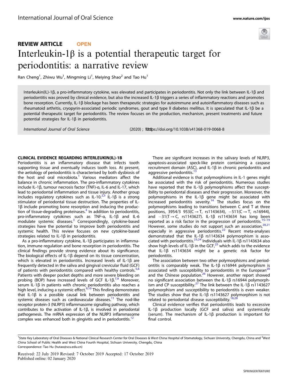 Interleukin-1Β Is a Potential Therapeutic Target for Periodontitis: a Narrative Review