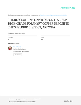The Resolution Copper Deposit, a Deep, High-Grade Porphyry Copper Deposit in the Superior District, Arizona
