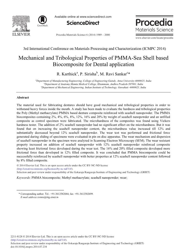 Mechanical and Tribological Properties of PMMA-Sea Shell Based Biocomposite for Dental Application