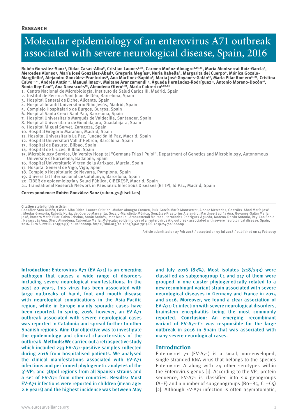 Molecular Epidemiology of an Enterovirus A71 Outbreak Associated with Severe Neurological Disease, Spain, 2016