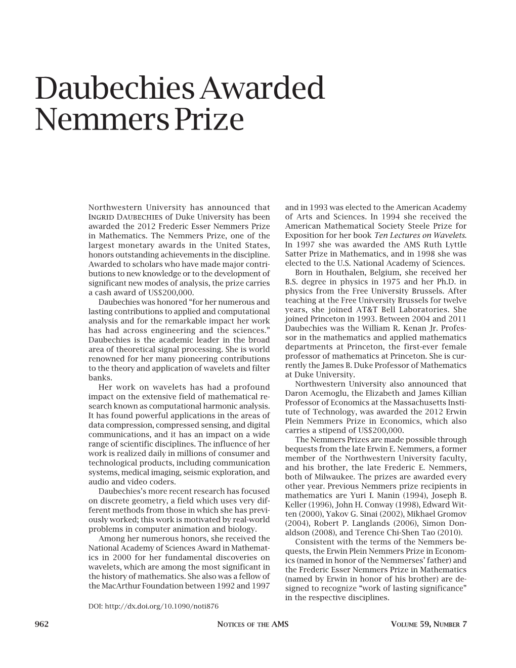 Daubechies Awarded Nemmers Prize