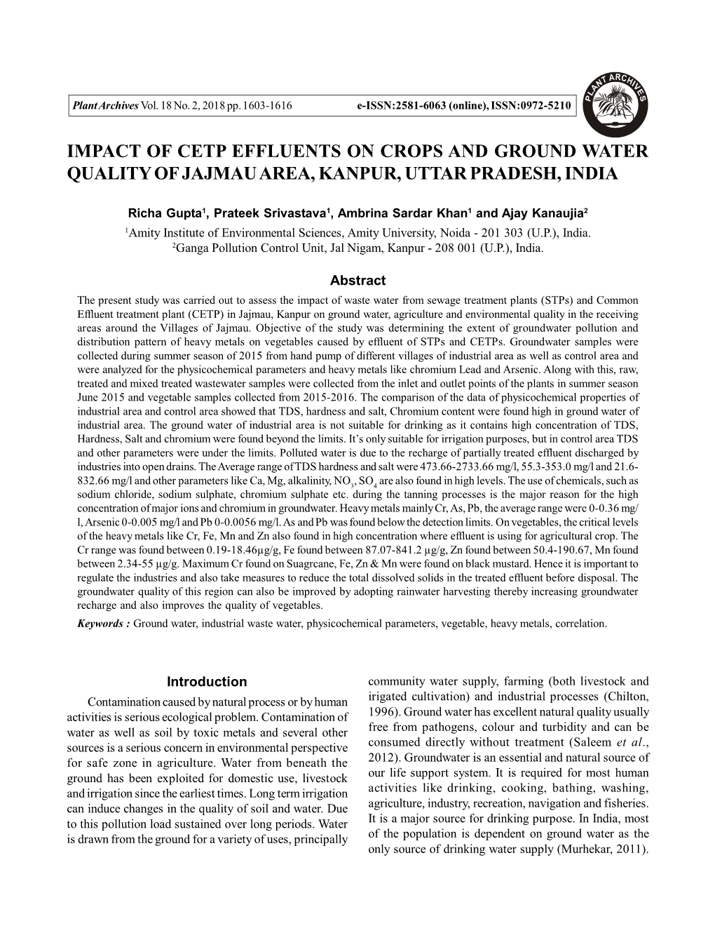 Impact of Cetp Effluents on Crops and Ground Water Quality of Jajmau Area, Kanpur, Uttar Pradesh, India