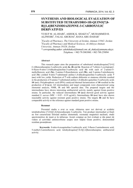 Synthesis and Biological Evaluation of Substituted Tetrahydro-1H-Quino[7,8- B][1,4]Benzodiazepine-3-Carboxylic Derivatives Yusuf M