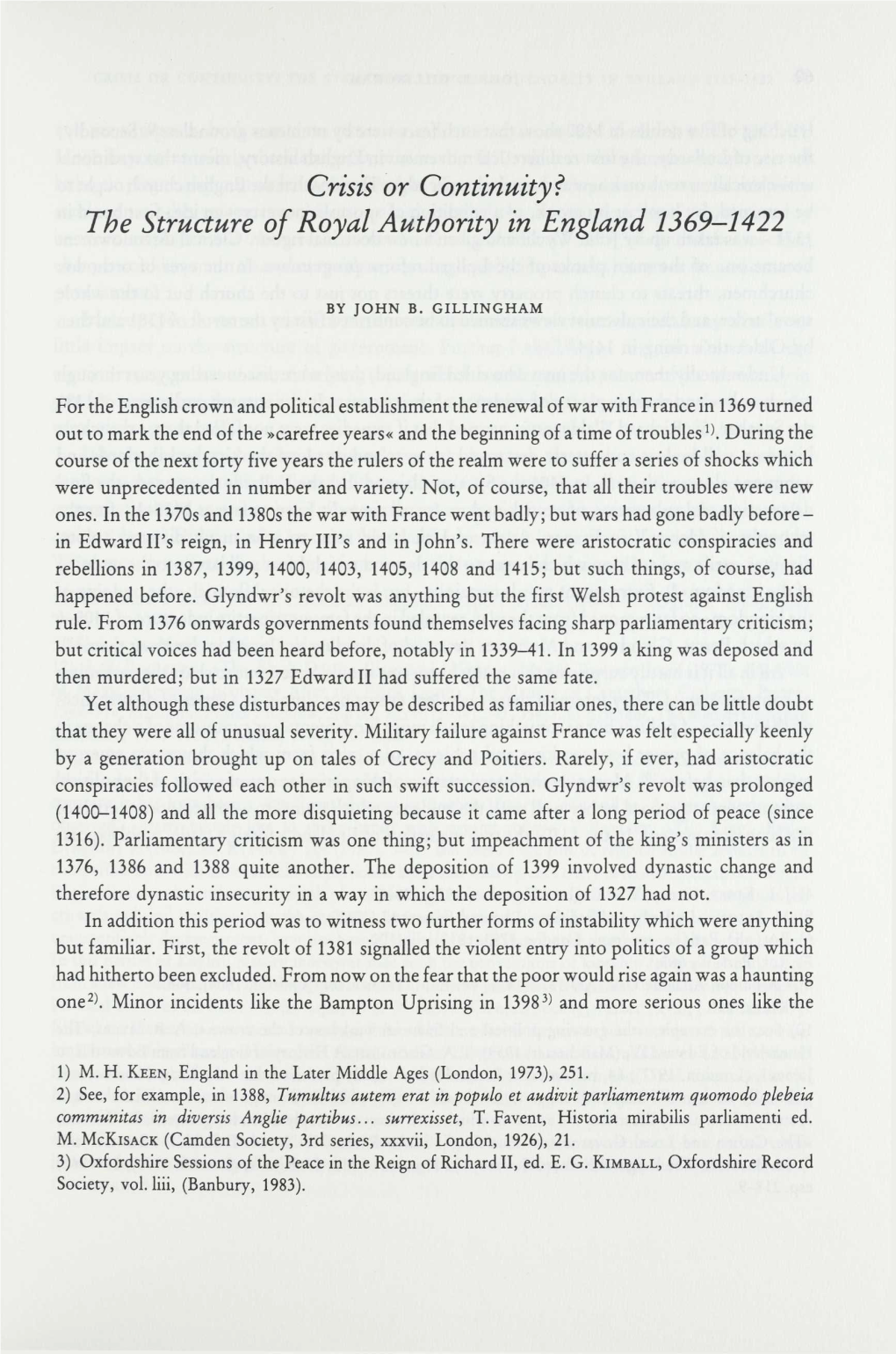 Crisis Or Continuity? the Structure of Royal Authority in England 1369-1422