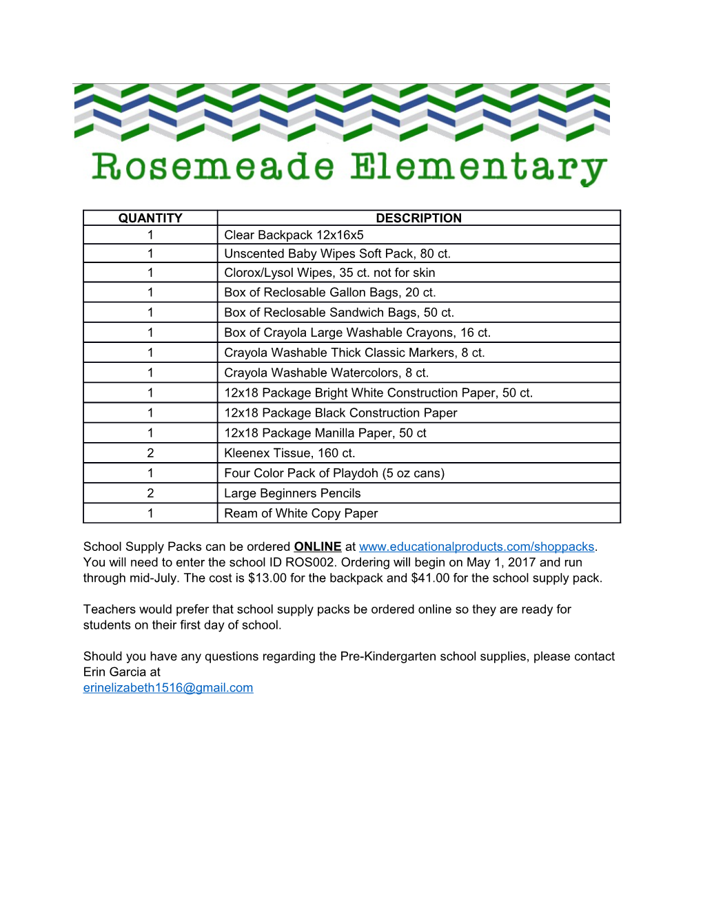 Pre-Kindergarten School Supply List