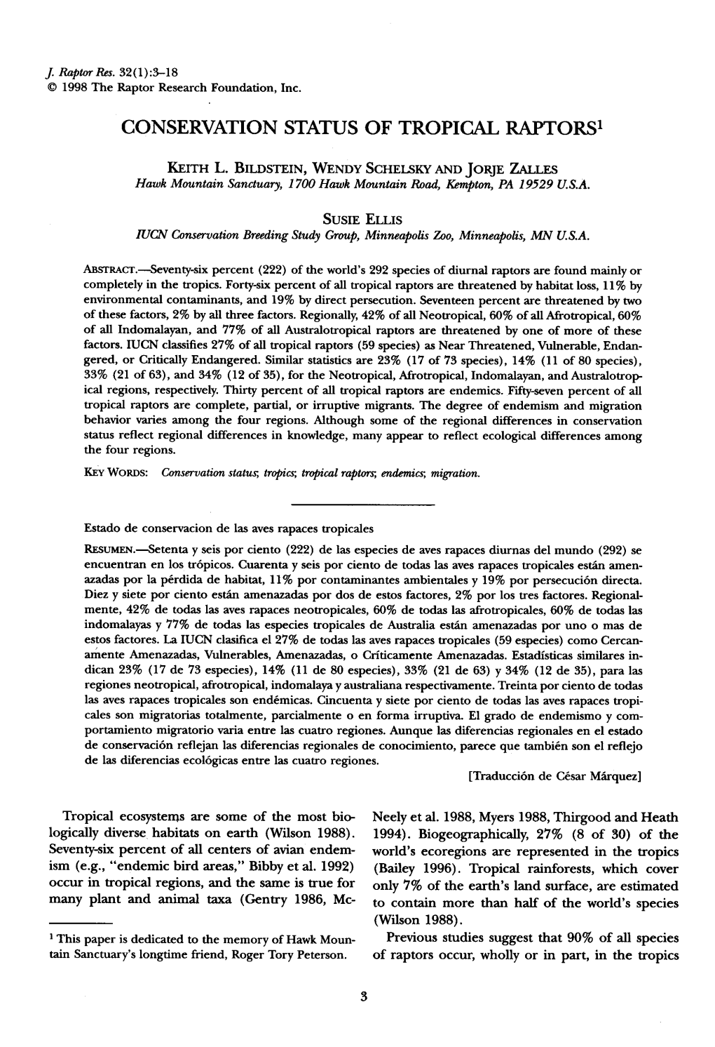 Conservation Status of Tropical Raptors1